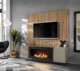 TV-Lowboard Set iLike in Lehm-Grau mit schwarz und Eiche Artisan, Set mit Akustikpaneel und Ethanol Kamin