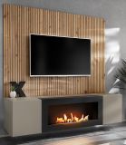 TV-Lowboard Set iLike in Lehm-Grau mit schwarz und Eiche Artisan, Set mit Akustikpaneel und Ethanol Kamin
