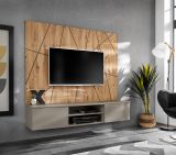 TV-Lowboard Set iLike in Lehm-Grau und Artisan Eiche, Flat-TV Unterschrank mit Wandpaneel 160 cm