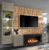Wohnwand iLike in Lehm-Grau, schwarz und Artisan Eiche, TV Unterteil mit Ethanol Kamin inkl. LED, 200 cm