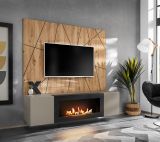 TV-Lowboard Set iLike Lehm-Grau, schwarz und Artisan Eiche TV Unterteil mit Ethanol Kamin und Akustikpaneel, 160 cm