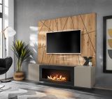 TV-Lowboard Set iLike Lehm-Grau, schwarz und Artisan Eiche TV Unterteil mit Ethanol Kamin und Akustikpaneel, 160 cm