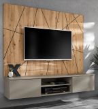 TV-Lowboard Set iLike Lehm-Grau, schwarz und Artisan Eiche TV Unterteil mit Ethanol Kamin und Akustikpaneel, 160 cm