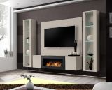 Wohnwand Option in Kaschmir Schrankwand 4-teilig h�ngend mit Ethanol Kamin und LED, 260 x 170 cm