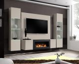 Wohnwand Option in Kaschmir Schrankwand 4-teilig h�ngend mit Ethanol Kamin und LED, 260 x 170 cm