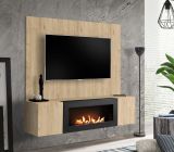 TV-Lowboard Set Option in Jackson Eiche, Flat-TV Unterschrank h�ngend mit Ethanol Kamin und Akustikpaneel,160 cm