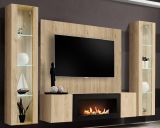 Wohnwand Option in Jackson Eiche Schrankwand 4-teilig h�ngend mit Ethanol Kamin und LED, 260 x 170 cm