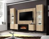 Wohnwand Option in Jackson Eiche Schrankwand 4-teilig h�ngend mit Ethanol Kamin und LED, 260 x 170 cm