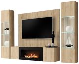 Wohnwand Option in Jackson Eiche Schrankwand 4-teilig h�ngend mit Ethanol Kamin und LED, 260 x 170 cm