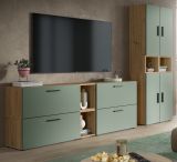 Wohnwand Onawa in Gr�n und Artisan Eiche Wohnkombination 256 x 178 cm, Soft-Close