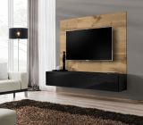 TV-Lowboard Set Public in Wotan Eiche und schwarz, Flat-TV Unterschrank h�ngend mit Akustikpaneel, 180 cm