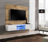 TV-Lowboard Set Public in Wotan Eiche und wei�, Flat-TV Unterschrank h�ngend mit LED und Akustikpaneel, 180 cm
