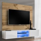 TV-Lowboard Set Public in Wotan Eiche und wei�, Flat-TV Unterschrank h�ngend mit LED und Akustikpaneel, 180 cm