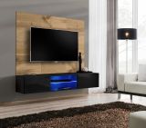TV-Lowboard Set Public in Wotan Eiche und schwarz, Flat-TV Unterschrank h�ngend mit LED und Akustikpaneel, 180 cm