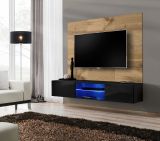 TV-Lowboard Set Public in Wotan Eiche und schwarz, Flat-TV Unterschrank h�ngend mit LED und Akustikpaneel, 180 cm