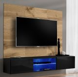 TV-Lowboard Set Public in Wotan Eiche und schwarz, Flat-TV Unterschrank h�ngend mit LED und Akustikpaneel, 180 cm