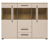Highboard Design-D in Kaschmir und Cremona Eiche Vitrine 160 x 126 cm, mit Soft-Close