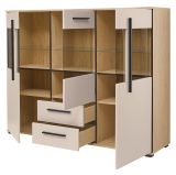 Highboard Design-D in Kaschmir und Cremona Eiche Vitrine 160 x 126 cm, mit Soft-Close