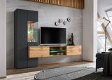Wohnwand Okay in anthrazit und Wotan Eiche, 2-teilig, 210 cm, grifflos mit Push-To-Open, inkl. LED