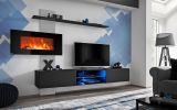 Wohnwand Special in schwarz und perlgau, Schrankwand h�ngend mit Elektrokamin und LED, 250 x 170 cm