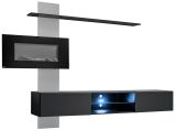 Wohnwand Special in schwarz und perlgau, Schrankwand h�ngend mit Elektrokamin und LED, 250 x 170 cm