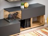 Wohnwand Lester-1 in Anthrazit und Wotan Eiche Schrankwand mit LED, Push-to-Open, 240 x 150 cm