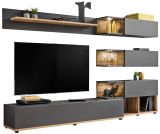 Wohnwand Lester-1 in Anthrazit und Wotan Eiche Schrankwand mit LED, Push-to-Open, 240 x 150 cm