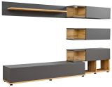 Wohnwand Lester-1 in Anthrazit und Wotan Eiche Schrankwand mit LED, Push-to-Open, 240 x 150 cm