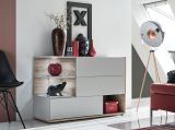 Sideboard Lester-1 in perlgrau und Wellington Eiche Kommode mit LED, Push-to-Open, 120 x 77 cm