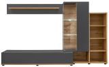 Wohnwand Lester in anthrazit und Wotan Eiche Schrankwand mit LED und Push-to-Open, 240 x 145 cm
