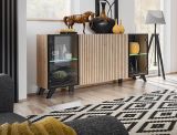 Sideboard Lines in Hickory Eiche und schwarz Kommode mit LED und Push-to-Open, 160 x 82 cm