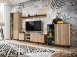 Wohnwand Lines in Hickory Eiche und schwarz Schrankwand 4-teilig mit LED und Push-to-Open, 340 x 192 cm