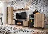 Wohnwand Lines in Hickory Eiche und schwarz Schrankwand 4-teilig mit Ethanol Kamin und LED, 340 x 192 cm
