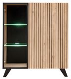 Vitrinenschrank Lines in Hickory Eiche und schwarz Glasvitrine mit LED und Push-to-Open, 90 x 192 cm