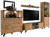 Wohnwand Heritage in Wotan Eiche und schwarz Schrankwand inklusive LED, 330 x 197 cm