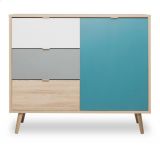 Kommode Colory in Sonoma Eiche hell mit Petrol, Wei und Grau skandinavische Anrichte Tricolor 103 x 87 cm