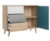 Kommode Colory in Sonoma Eiche hell mit Petrol, Wei und Grau skandinavische Anrichte Tricolor 103 x 87 cm