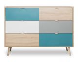 Schubladenkommode Colory in Sonoma Eiche hell mit Petrol, Wei und Grau skandinavische Kommode Tricolor 120 x 87 cm