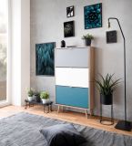 Schuhschrank Colory in Sonoma Eiche hell mit Petrol, Wei und Grau skandinavischer Schuhkipper Tricolor 70 x 125 cm
