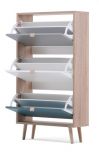 Schuhschrank Colory in Sonoma Eiche hell mit Petrol, Wei und Grau skandinavischer Schuhkipper Tricolor 70 x 125 cm