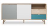 Sideboard Colory in Sonoma Eiche hell mit Petrol, Wei und Grau skandinavische Kommode Tricolor 150 x 71 cm