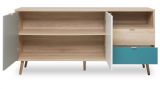 Sideboard Colory in Sonoma Eiche hell mit Petrol, Wei und Grau skandinavische Kommode Tricolor 150 x 71 cm
