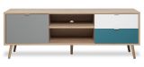 TV-Lowboard Colory in Sonoma Eiche hell mit Petrol, Wei und Grau skandinavischer Fernsehtisch Tricolor 150 x 52 cm