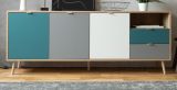 Sideboard Colory in Sonoma Eiche hell mit Petrol, Wei und Grau skandinavische Anrichte Tricolor 180 x 71 cm Kommode