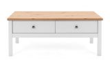 Couchtisch Vestland in wei und Artisan Eiche Landhaus Wohnzimmertisch 110 x 55 cm Beistelltisch mit 2 x Schubkasten
