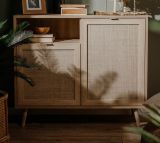 Kommode Niran in Sonoma Eiche mit Bast - Dekor skandinavisch 102 x 87 cm