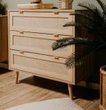 Schubladenkommode Niran in Sonoma Eiche mit Bast - Dekor Kommode skandinavisch 80 x 80 cm