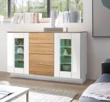 Sideboard Savanna in wei Hochglanz und Grandson Eiche Kommode 136 x 85 cm