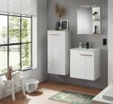 Badmbel Set Dense in wei Hochglanz Lack und Eiche Badkombination MIT Waschbecken und Badlampe 60 x 200 cm