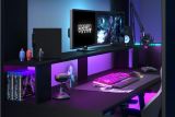 Hochbett Online in schwarz Gaming Jugendzimmer Bett mit Schreibtisch inkl. LED Beleuchtung mit Farbwechsel